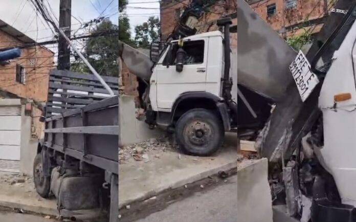 Caminhão fora de controle atinge muro residencial e derruba poste em Manaus