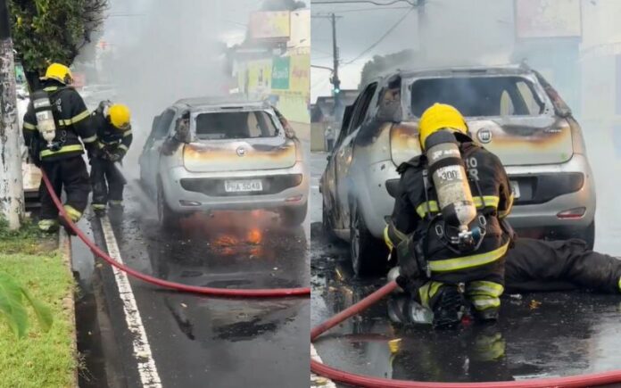 Carro Fiat Punto incendeia na Avenida São Jorge e causa susto em motorista na Zona Oeste de Manaus