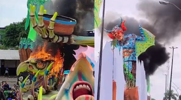 VÍDEO: Módulo alegórico do Boi Caprichoso pega fogo a uma semana do Festival de Parintins