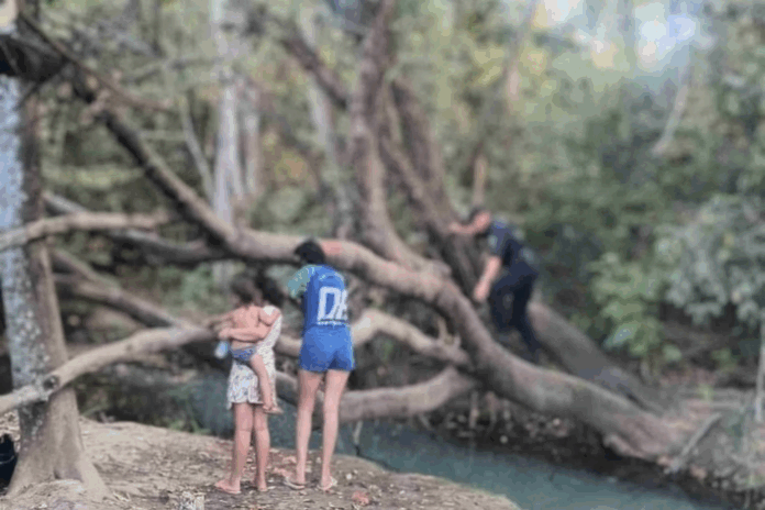 Crianças se arriscam em córrego para resgatar bebê de 1 ano em parque