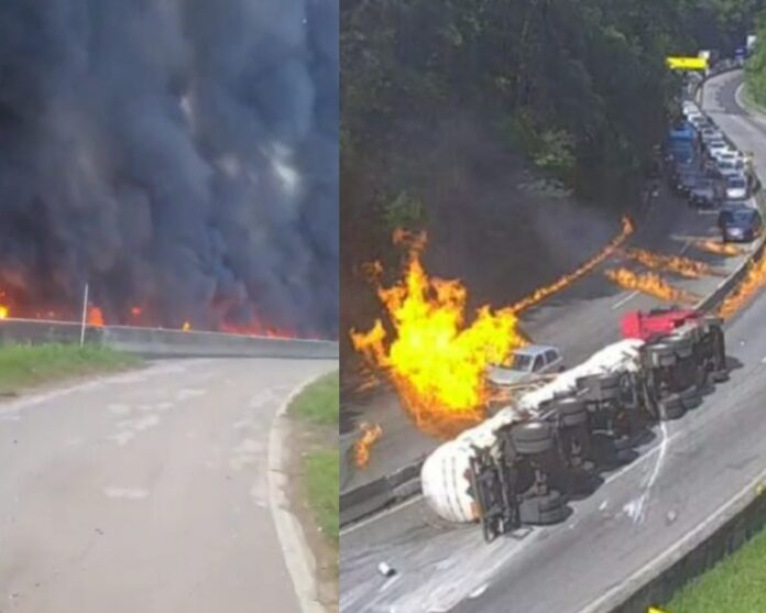 Caminhão tomba e causa explosão, atingindo 20 veículos na BR-101