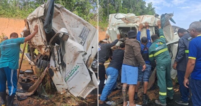 VÍDEO: Caminhão-tanque capota na AM-010 e motorista fica preso às ferragens